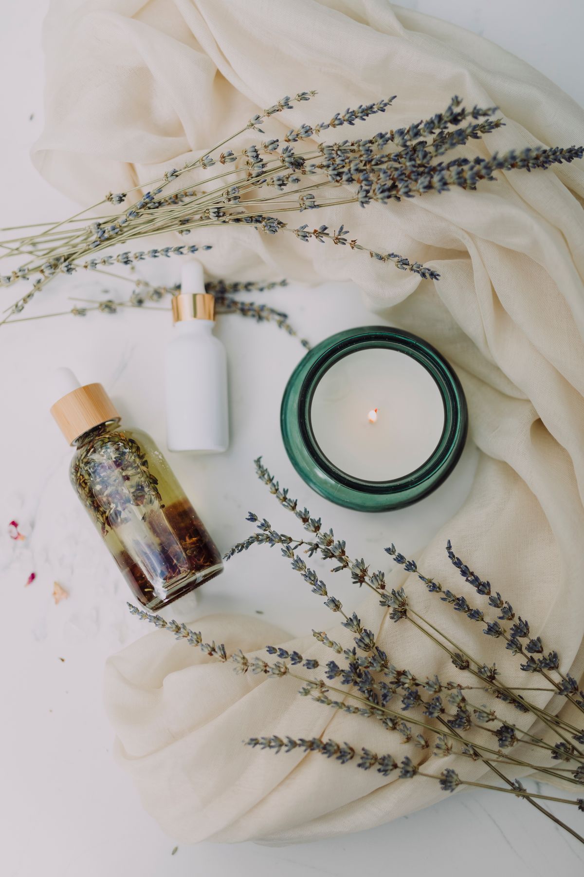 Relaxing spa ambiance with lavender and candle
